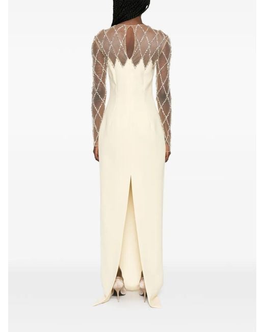 Jean Louis Sabaji White Crystal-Grid Embroidered Crepe Dress