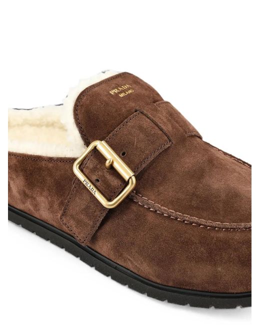 Prada Brown Mules À Doublure Lainée Et Boucle