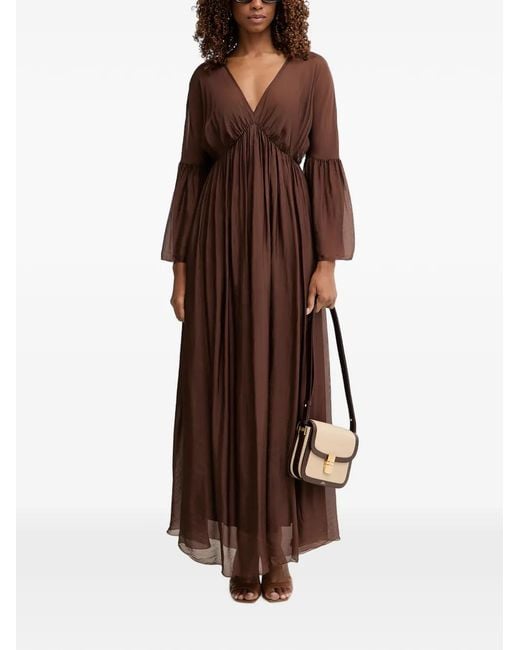 Haveone Brown V-Neck Flared-Sleeve Maxi Dress