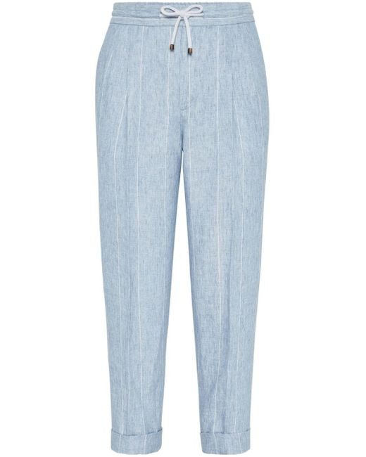 Brunello Cucinelli Blue Tapered-leg Striped Linen Trousers for men