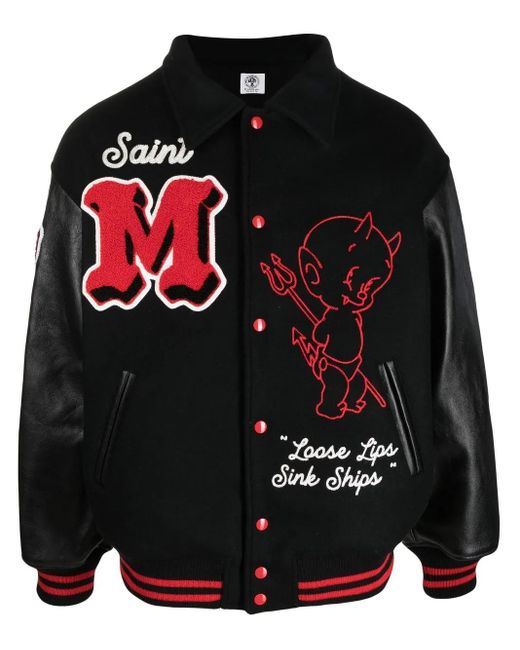 SAINT Mxxxxxx Black Slogan Print Varsity Jacket for men