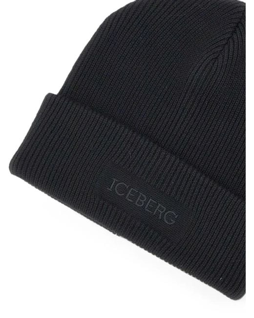 Iceberg Blue Logo-Embroidered Ribbed-Knit Beanie Hat for men