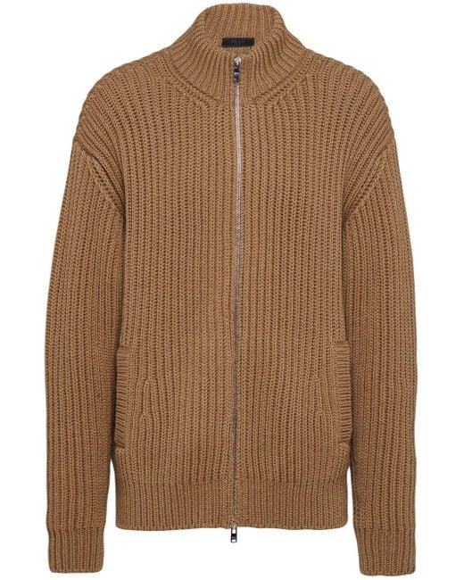 Prada Brown Ribbed-knit Zip-up Cardigan for men