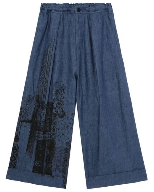 Y's Yohji Yamamoto Blue Wide-leg Cropped Linen Trousers