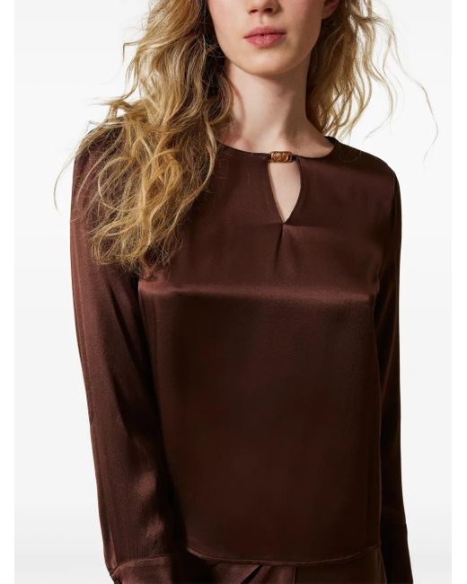 Twinset Brown Appliqué-Logo Satin Blouse