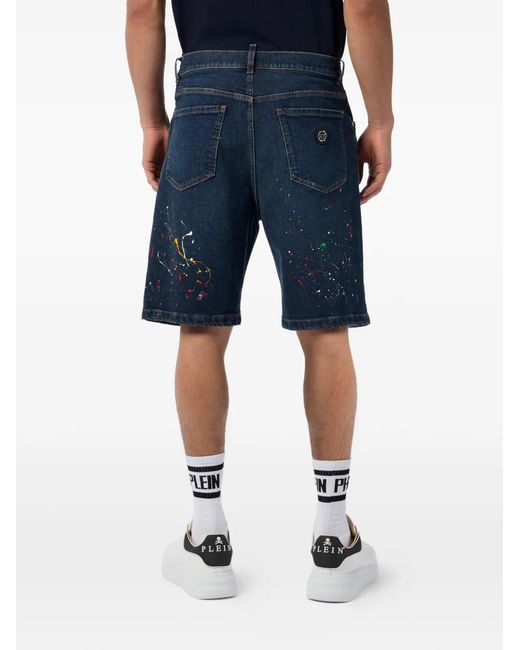 Philipp Plein Blue Paint-Splatter-Effect Denim Shorts for men