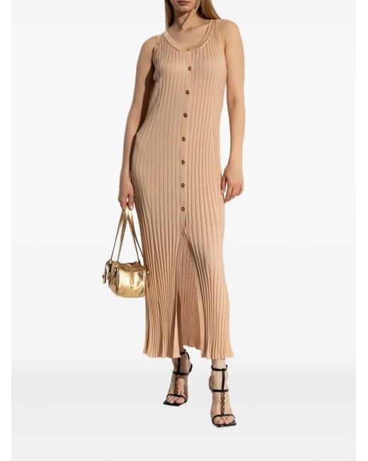 Versace Natural Ribbed Button-Down Midi Dress