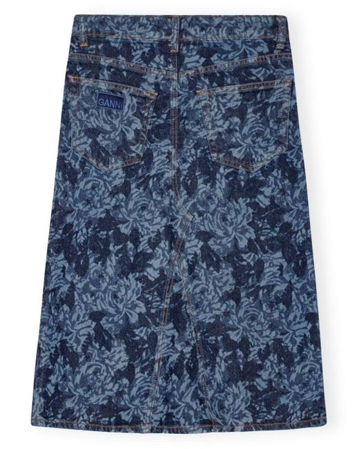 Ganni Blue Floral-print Denim Skirt
