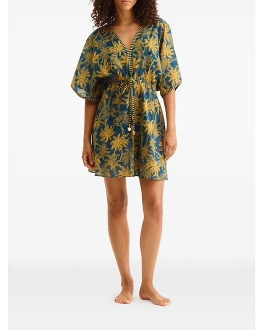 Eres Green Peninsule Palm-Print Drawstring-Waist Mini Dress
