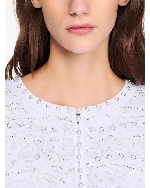 Sandro White Pearl-Embellished Cropped Cardigan