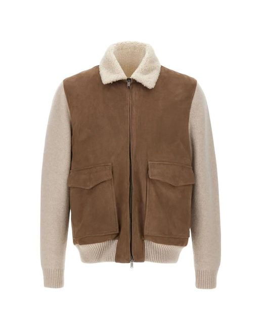 Volfagli Brown Arena Shearling-Collar Leather Jacket for men