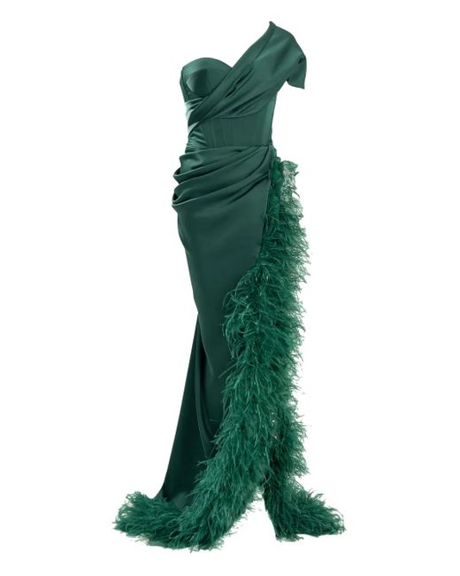 Ana Radu Green Feather-Detail One-Shoulder Maxi Dress