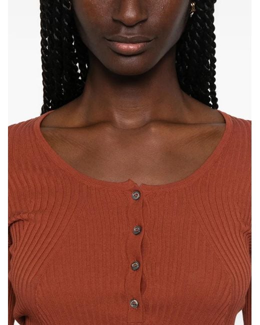 Roberto Collina Brown Ribbed-Knit Button-Up T-Shirt