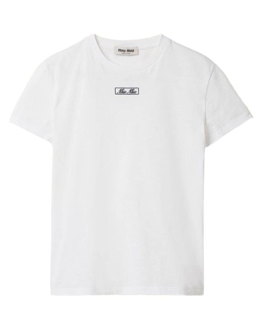 T-shirt en coton à logo brodé Miu Miu en coloris White