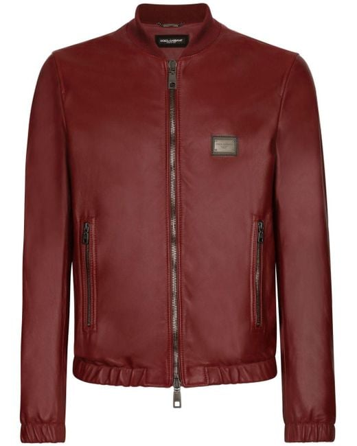 Blouson en cuir avec plaquette à logo Dolce & Gabbana pour homme en coloris Red