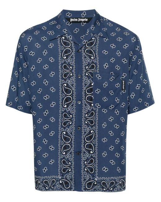 Palm Angels Blue Paisley-Print Bowling Shirt for men
