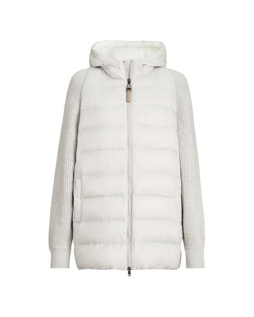 Brunello Cucinelli White Hooded Knit-Sleeve Jacket