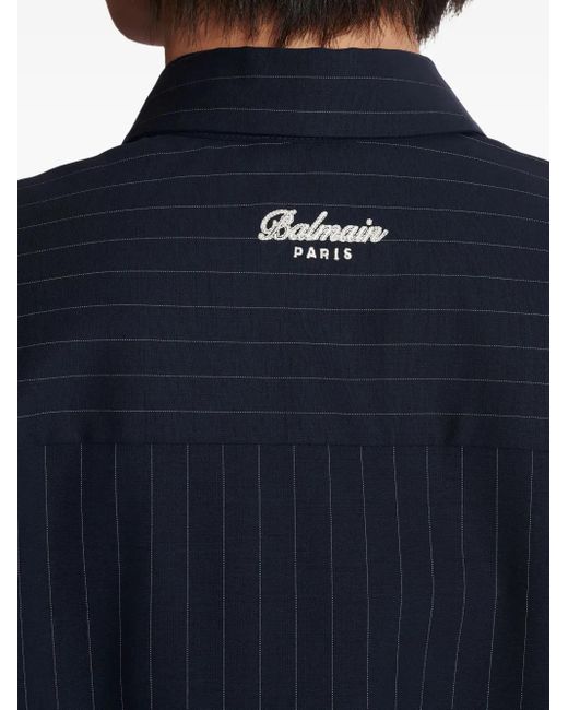 Balmain Blue Pinstripe Emblem Shirt for men