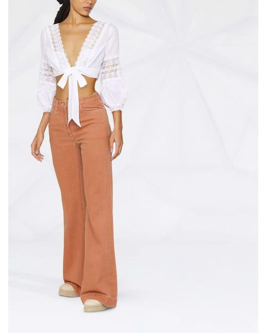 Charo Ruiz White Vania Lace-Trim Knotted Blouse