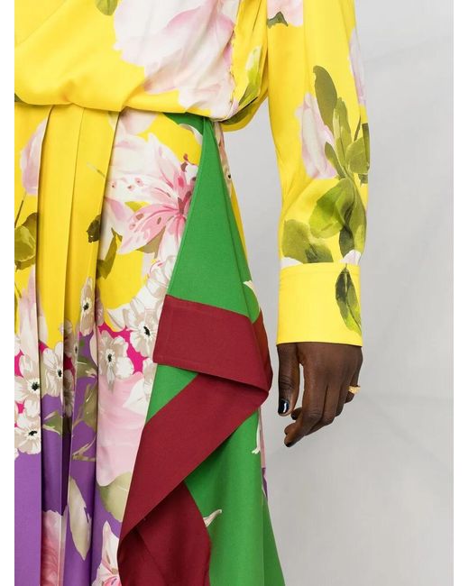 Valentino Garavani Red Pleated Floral-Print Midi Dress