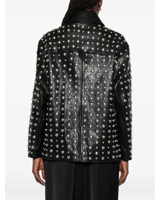 Nour Hammour Black Veste En Cuir À Détails De Clous Zippée