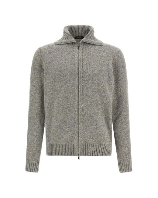 Zanone Gray Mélange-Knit Zip-Up Cardigan for men