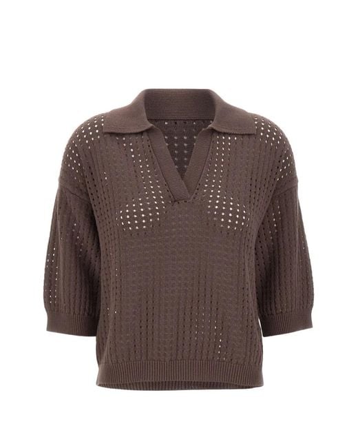Kangra Brown Openwork V-Neck T-Shirt