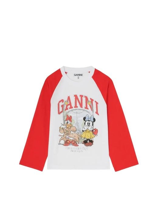 Ganni Red Graphic-Print Raglan-Sleeve T-Shirt