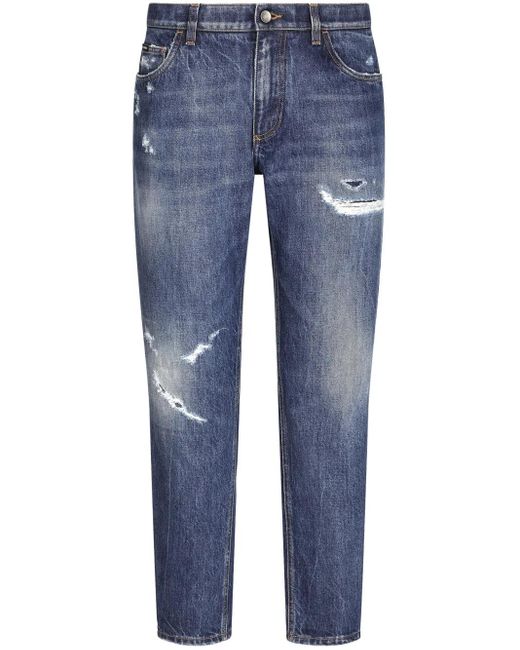 Dolce & Gabbana Blue Worn-Effect Straight-Leg Jeans for men