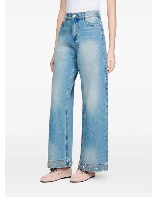 Sandro Blue Rhinestone-Embellishment Straight Jeans