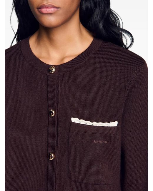 Sandro Brown Embroidered-Trim Patch-Pocket Cardigan
