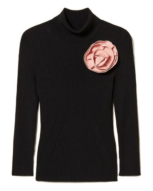 Twinset Black Turtle Neck Jumper With Brooch