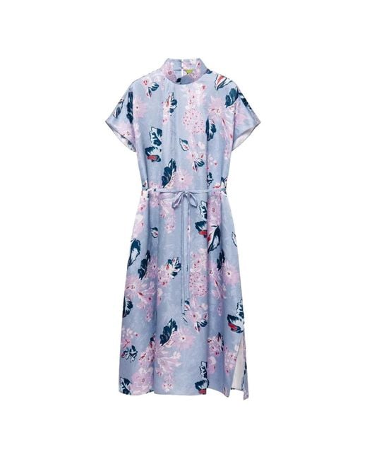 Shanghai Tang Blue Floral-Print Silk Midi Dress