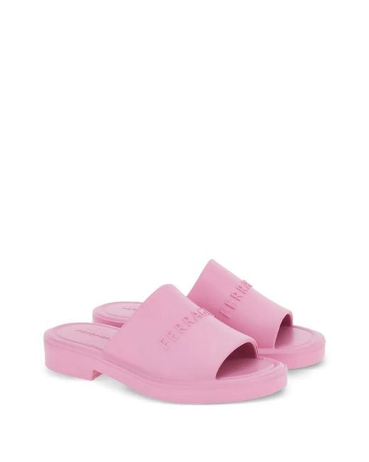 Ferragamo Pink Logo-Debossed Open-Toe Slides