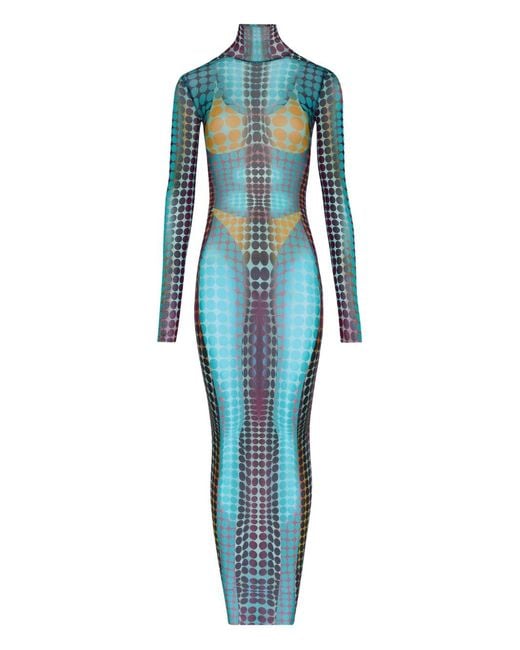 Jean Paul Gaultier Blue High Neck Multicolored Polka Dot Maxi Dress