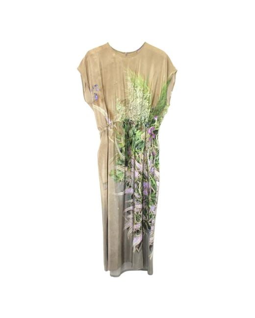 Anntian Green Floral-Print Drawstring Silk Midi Dress