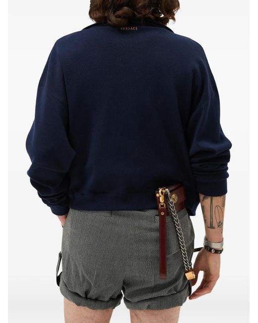Versace Blue Intarsia Wool & Leather Patchwork Zip Jacket for men