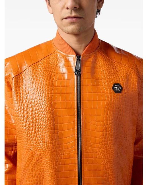 Philipp Plein Orange Veste En Cuir À Design Embossé for men