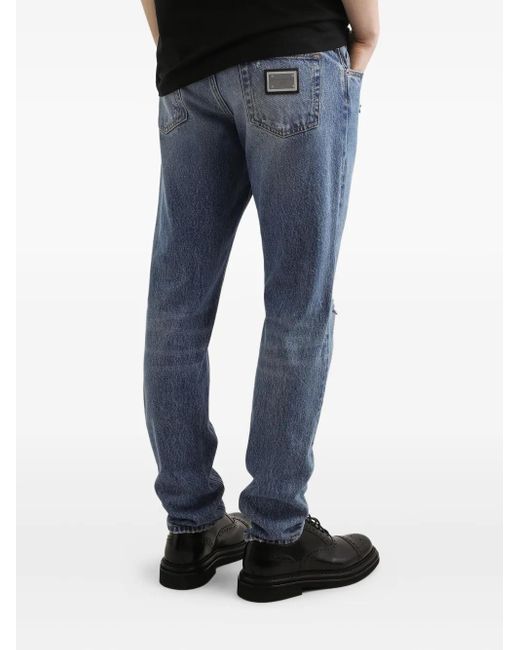 メンズ Dolce & Gabbana ダメージ ロゴプレート ジーンズ Blue