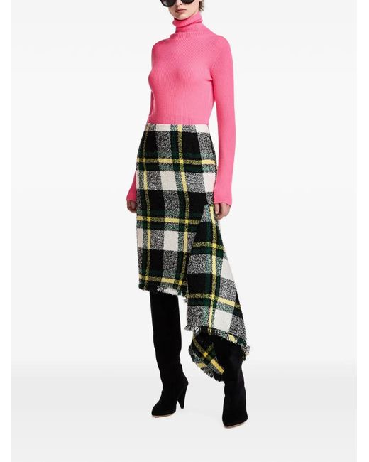 Essentiel Antwerp Green Checked Frayed-Edge Midi Skirt