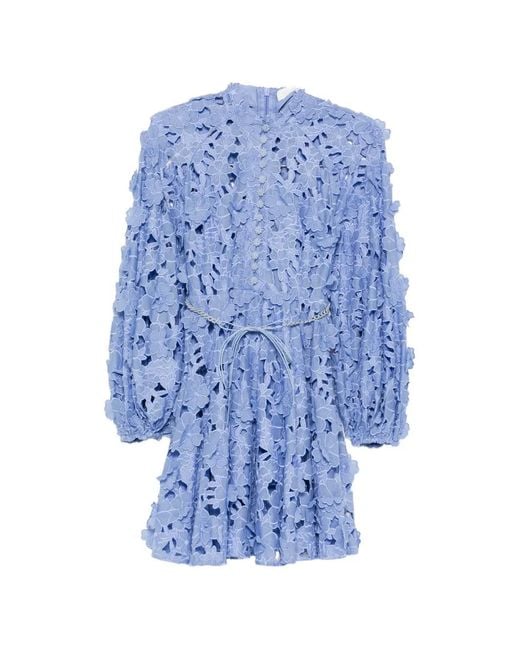 Zimmermann Blue Embroidered Raglan Sleeve Dress With Removable Belt