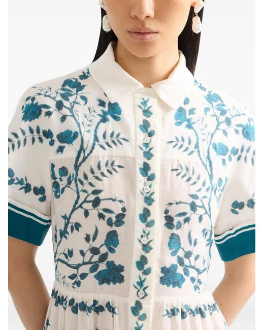 Erdem Blue Botanical-Print Tiered Maxi Shirt-Dress