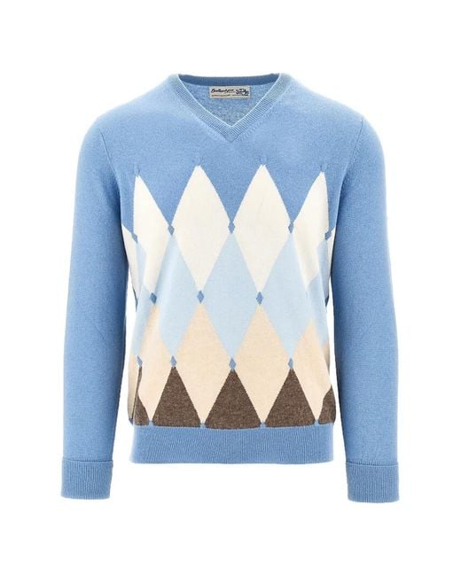 Ballantyne Blue Argyle-Pattern V-Neck Sweater for men