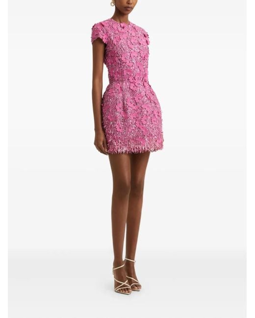 Oscar de la Renta Pink Sequin-Embellished Raffia Mini Dress