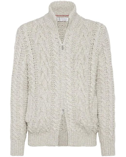 Brunello Cucinelli White Neutral Cable-knit Zip-up Cardigan - Men's - Fabric/cashmere for men