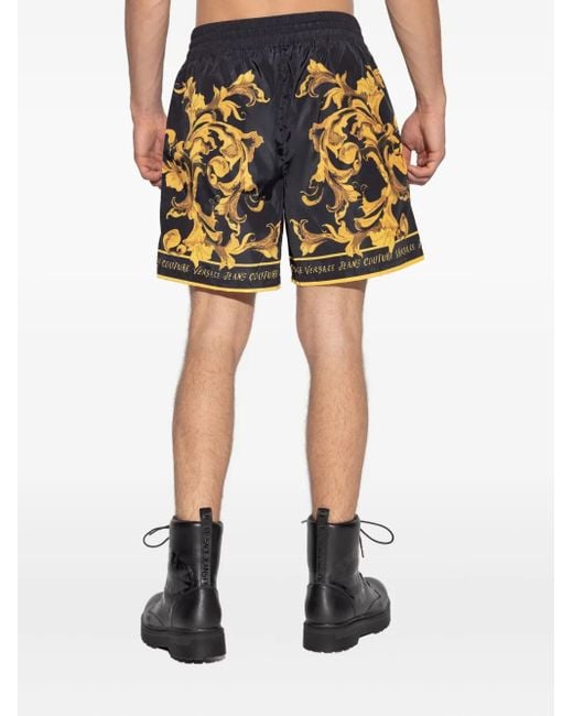 Versace Jeans Couture Black Baroque-Print Drawstring Shorts for men