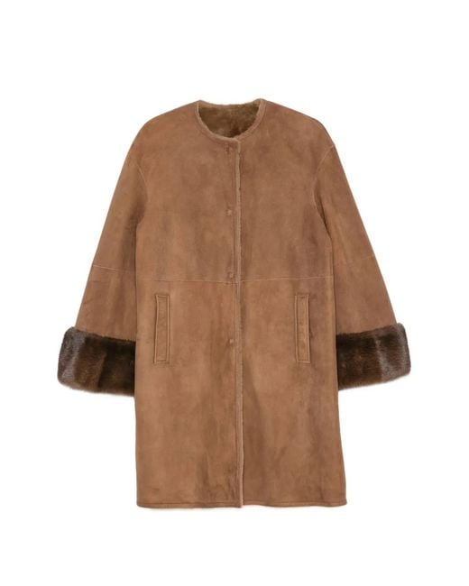 Manzoni 24 Brown Fur-Trimmed Collarless Coat