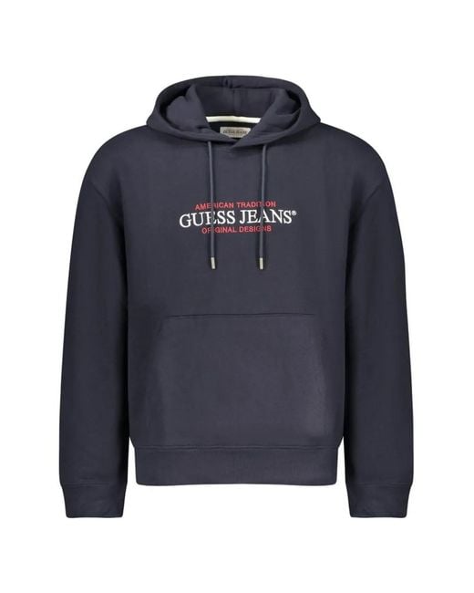 Guess Blue Logo-Print Cotton Hoodie for men