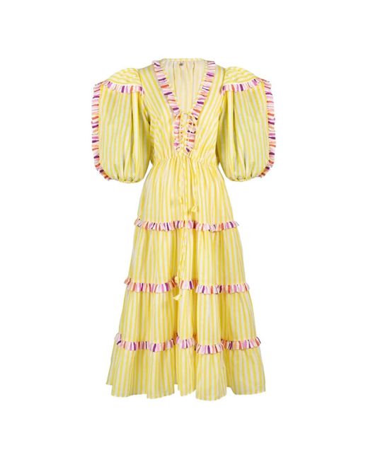 Celiab Yellow Striped Ruffled-Detail Midi Dress