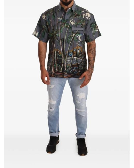 Dolce & Gabbana Black Tropical-Print Short-Sleeve Shirt for men